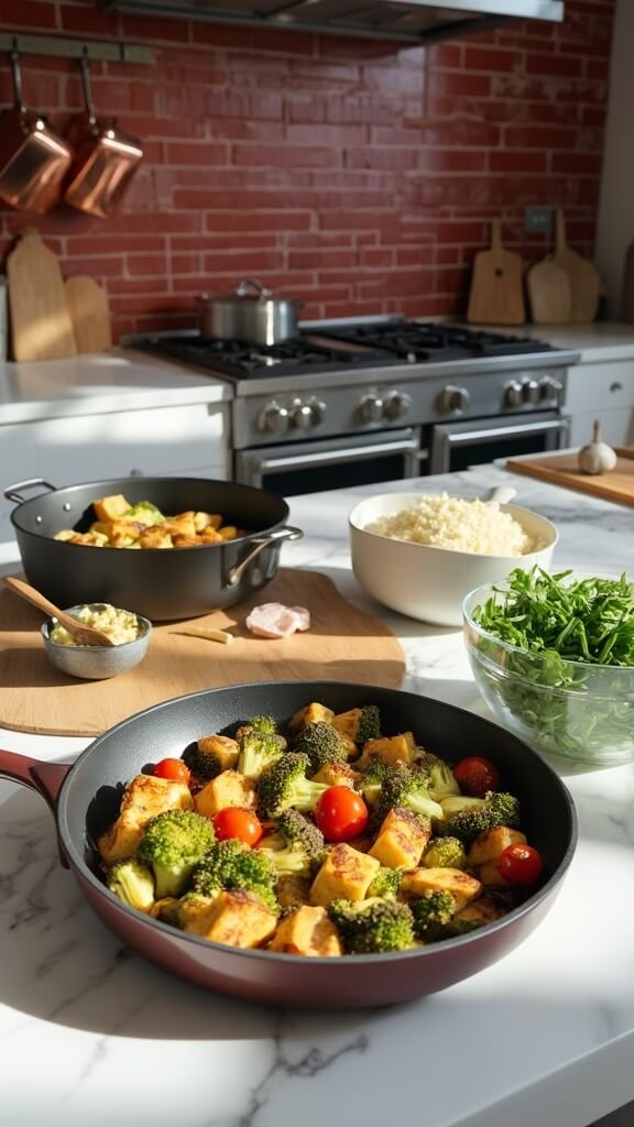 Roasting process of tofu and vegetables in a modern kitchen with white countertops and natural daylight