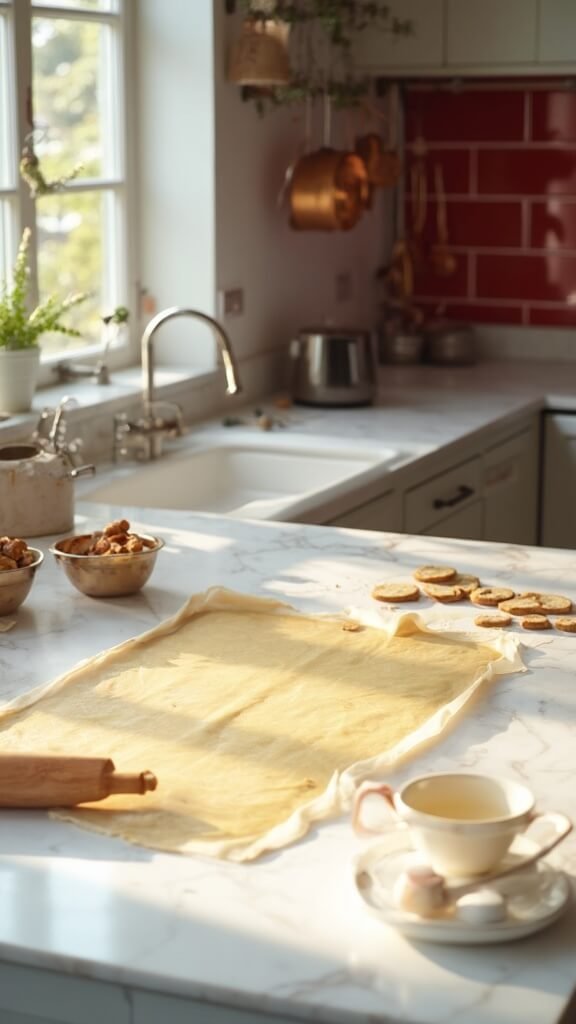 Chilled cookie dough being rolled and cut in a modern kitchen with red subway tile backsplash and warm, earthy tones