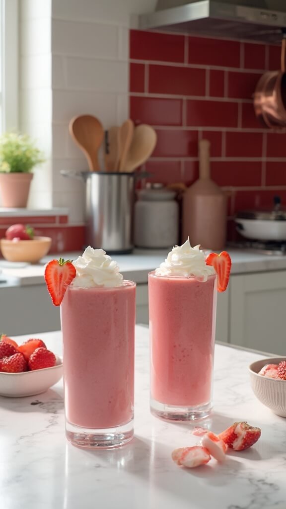 Romantic Valentine's Day pink smoothies with heart-shaped strawberry garnish in a modern kitchen setting