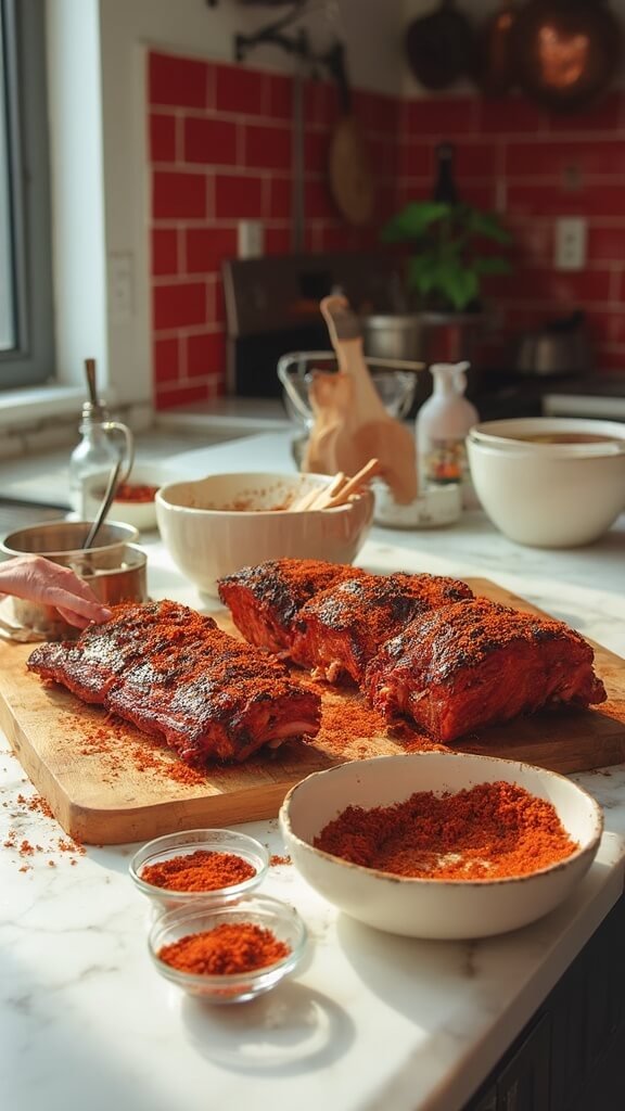 Applying dark reddish-brown dry rub on two racks of ribs on a wooden cutting board in a modern kitchen with sunlight streaming in