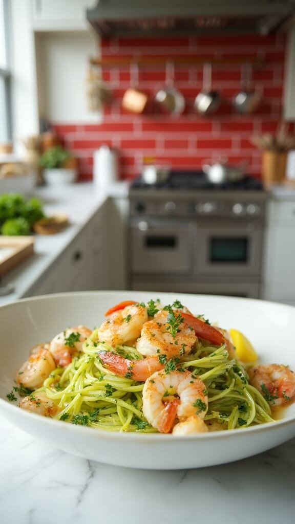 Plated shrimp scampi with zucchini noodles in a white ceramic bowl, garnished with parsley and lemon zest, in a modern kitchen setting with red subway tiles and stainless steel appliances.