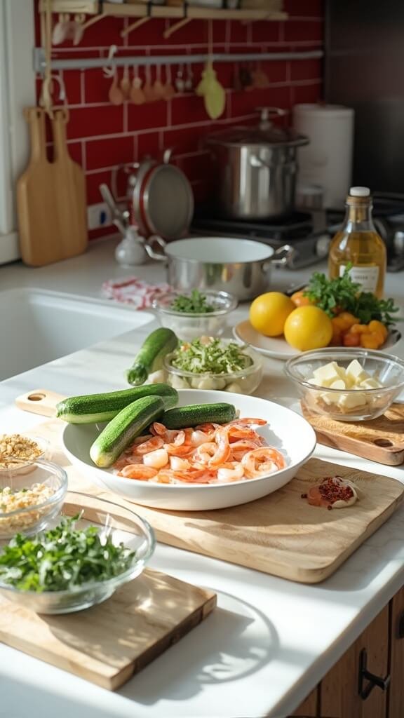 Preparation of raw ingredients including shrimp, zucchini, garlic, and shallots in a modern kitchen with marble countertops and stainless steel appliances.