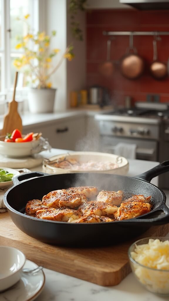 Seasoned chicken sizzling in a cast iron skillet in a modern kitchen with red subway tile backsplash, wooden utensils, and cream-colored ceramic bowls