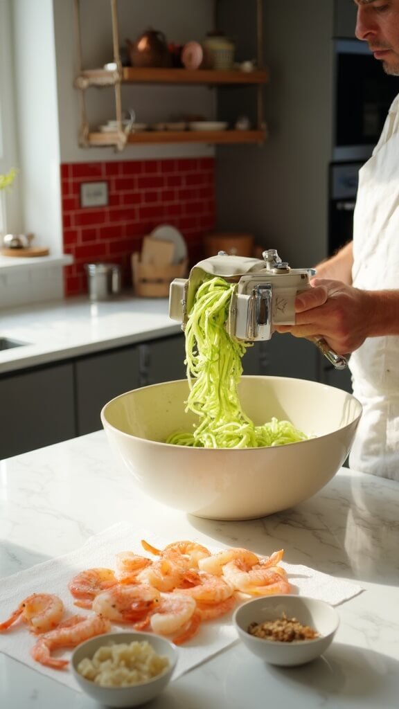 Hands using a spiralizer to make bright green zucchini noodles into a cream ceramic bowl in a modern kitchen with red subway tiles and copper pots