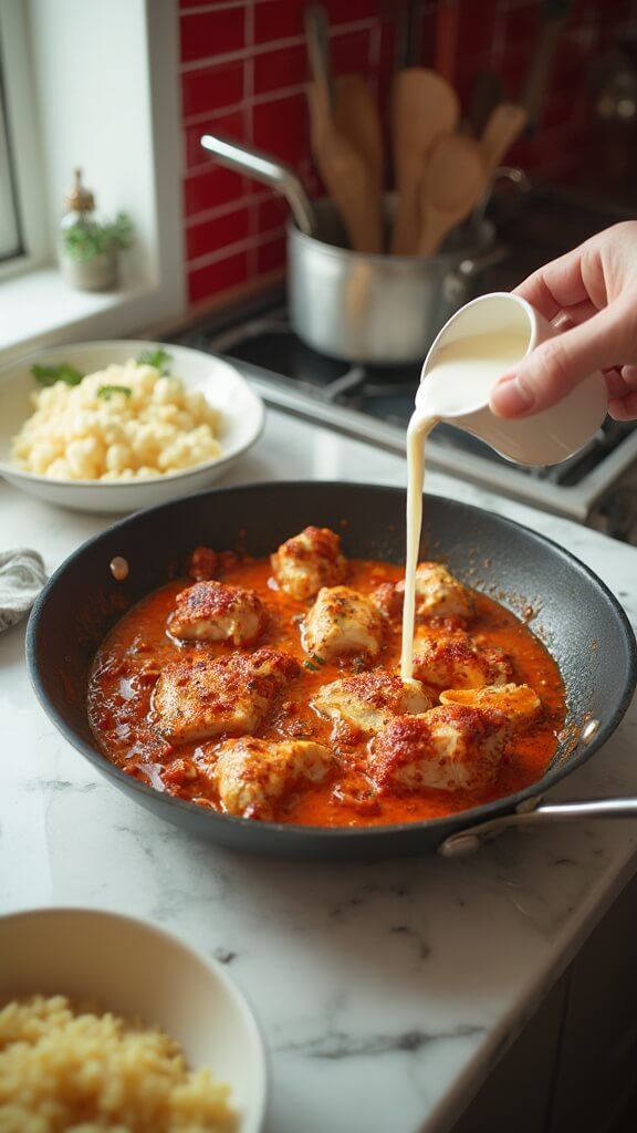 Chicken tikka masala cooking in a skillet and cauliflower rice sautéing in a modern kitchen with red subway tile backsplash and natural daylight