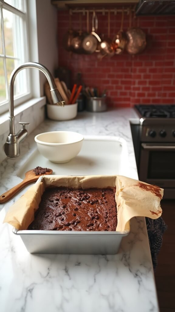 Unbaked chocolate brownie batter in a parchment-lined pan, ready for oven, with a wooden spatula and oven mitts on a modern kitchen countertop.