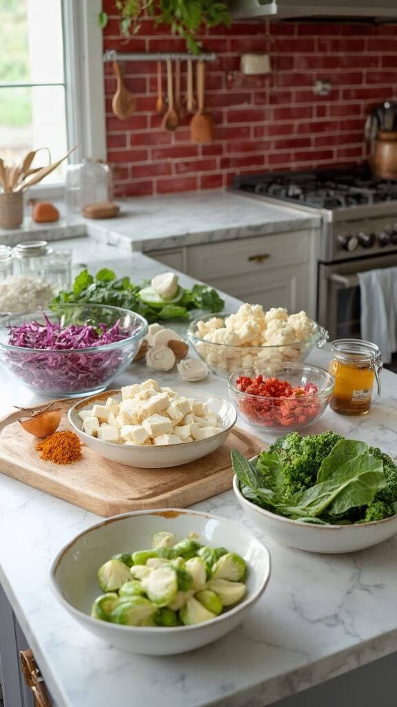 Preparation of vegan keto buddha bowl with fresh vegetables, tofu, spices, and cooking utensils in a modern kitchen with natural daylight
