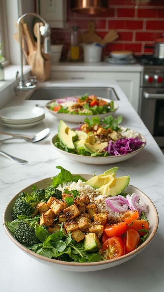 Vegan keto buddha bowls with arugula, cauliflower rice, tofu, Brussels sprouts, broccoli, cherry tomatoes, avocado, red onion, purple cabbage, sunflower seeds, and parsley garnish in a modern kitchen with red subway tile backsplash.