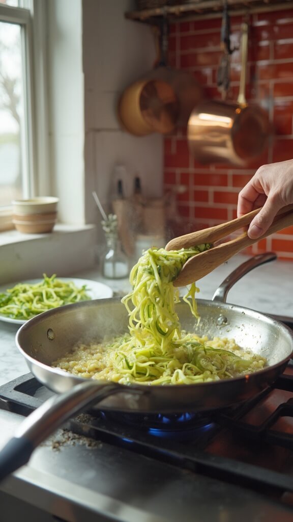 Sautéing zucchini noodles with garlic and shallots in a stainless steel skillet in a modern kitchen with red subway tile and natural daylight