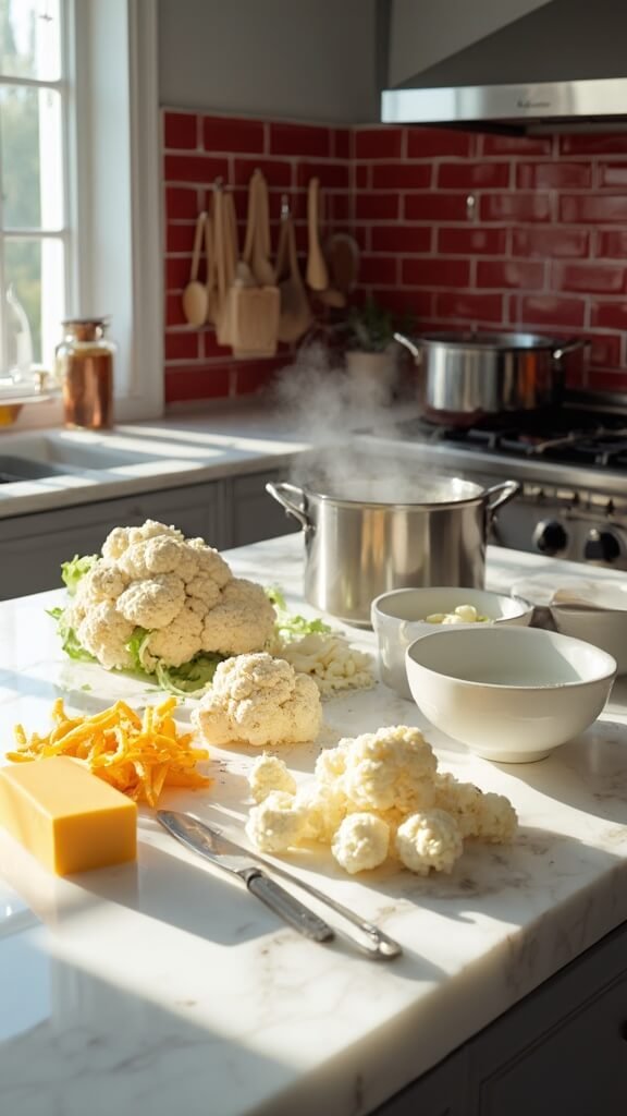 Preparation of ingredients for cauliflower mac and cheese in a modern kitchen with warm, earthy tones