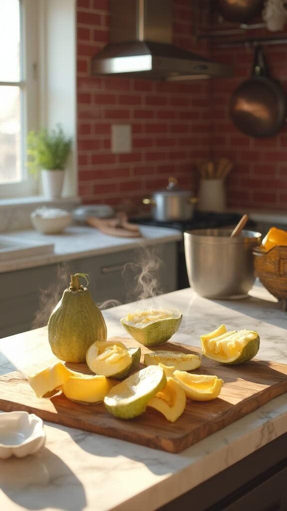Chayote preparation in a modern kitchen, featuring a peeled chayote and slices on a wooden cutting board with steam rising