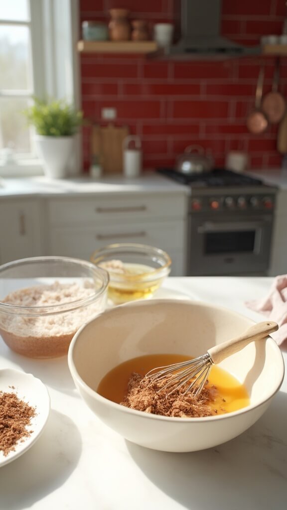 Whisked dry and wet ingredients in cream-colored ceramic and clear glass bowls in a modern kitchen with red subway tiles, wooden utensils and copper pots