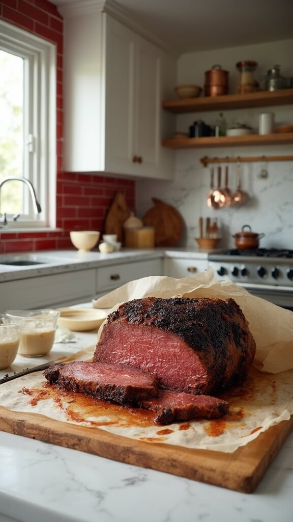 Smoked brisket with dark crust and visible smoke ring resting on a wooden cutting board in a modern kitchen with red subway tile backsplash, wooden utensils, and modern cookware