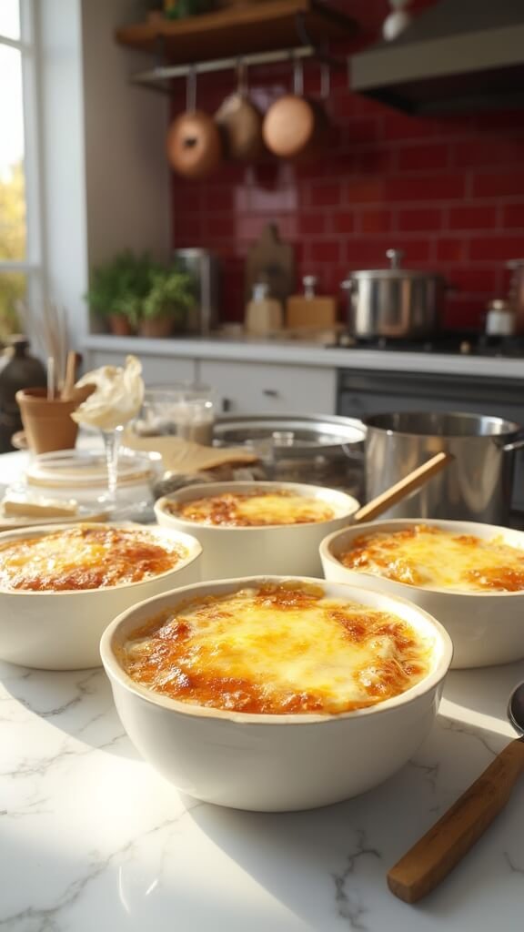 Four bowls of French onion soup topped with bubbly, melted Gruyère cheese in a modern kitchen