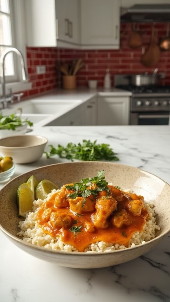 Chicken tikka masala over cauliflower rice in rustic ceramic bowl, garnished with cilantro and lime in a modern kitchen setting