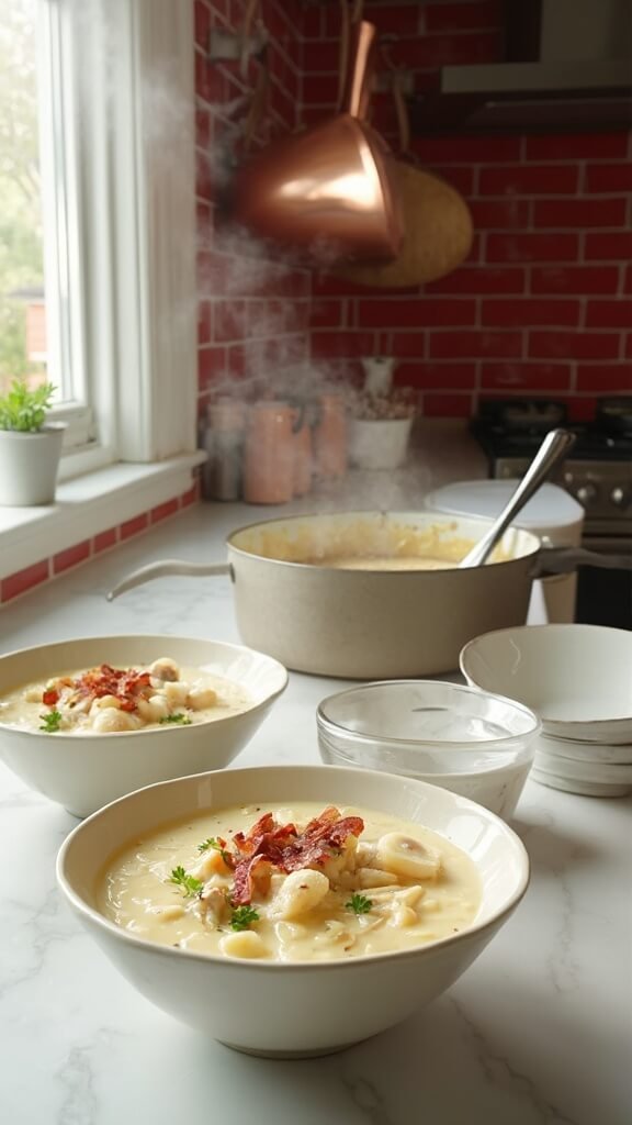 Finished keto clam chowder in ceramic bowls in a modern kitchen with warm lighting