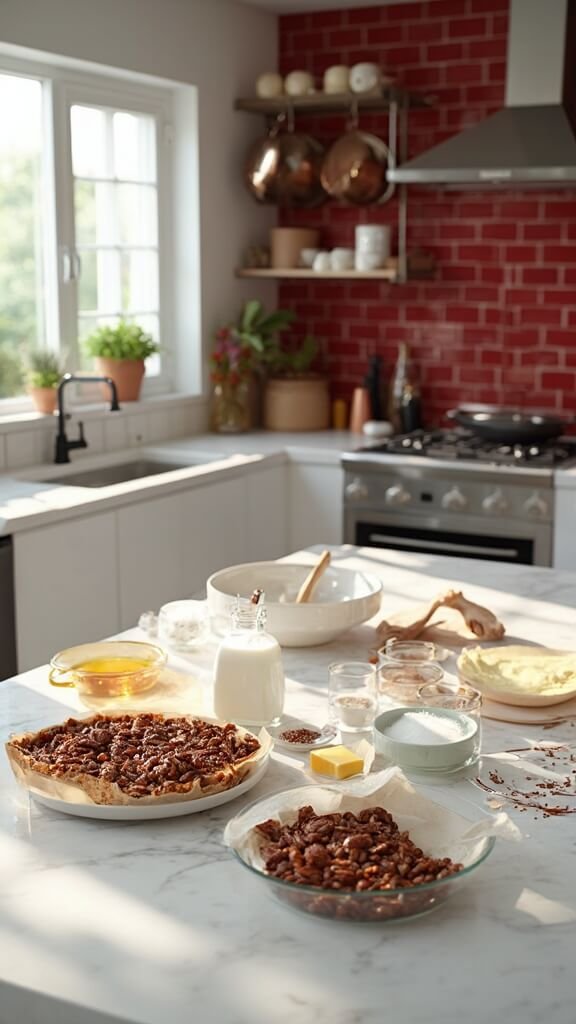 Ingredients for keto pecan pie arranged on a modern kitchen counter with marble tops and stainless steel appliances, shot in natural daylight.
