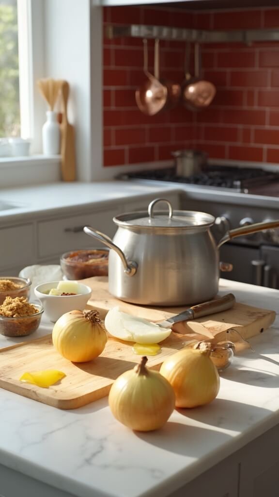 Professional kitchen scene with modern cookware, onions on a cutting board, prep bowls with ingredients, and a Dutch oven on the stovetop, capturing the initial preparation stage of cooking.