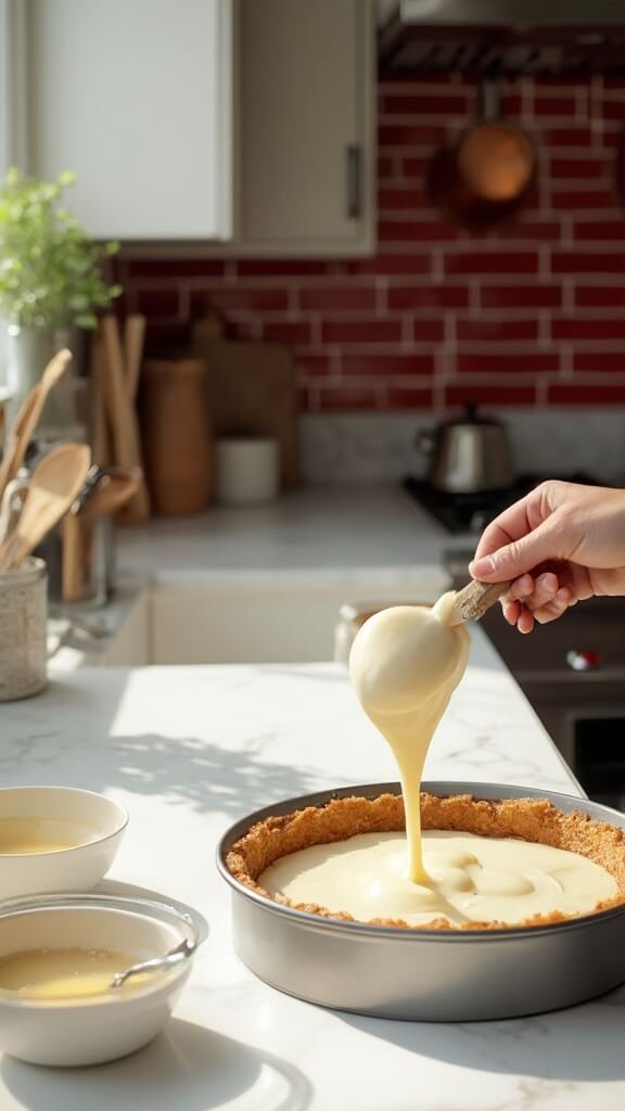 Poring creamy white cheesecake filling over golden-brown baked almond crust in a modern kitchen with warm, earthy color grading
