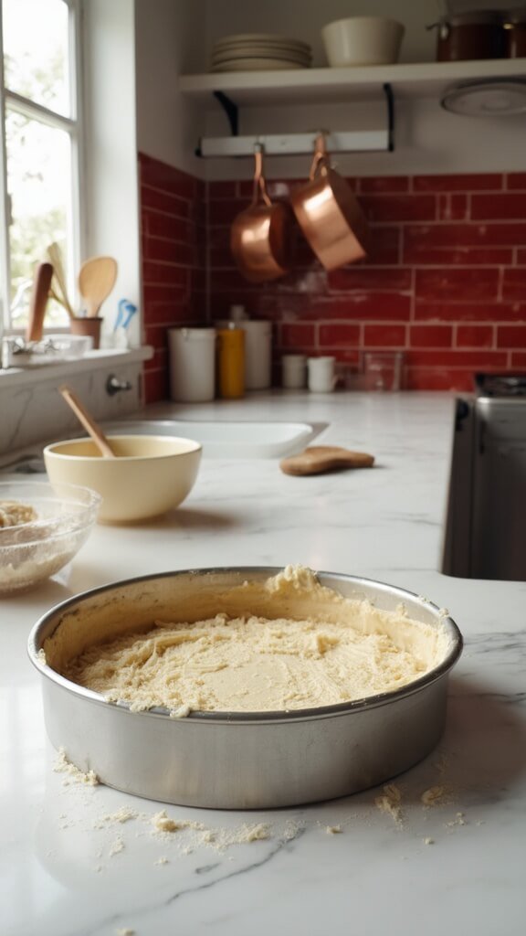Preparing almond flour crust in a greasy springform pan in a modern kitchen with natural daylight