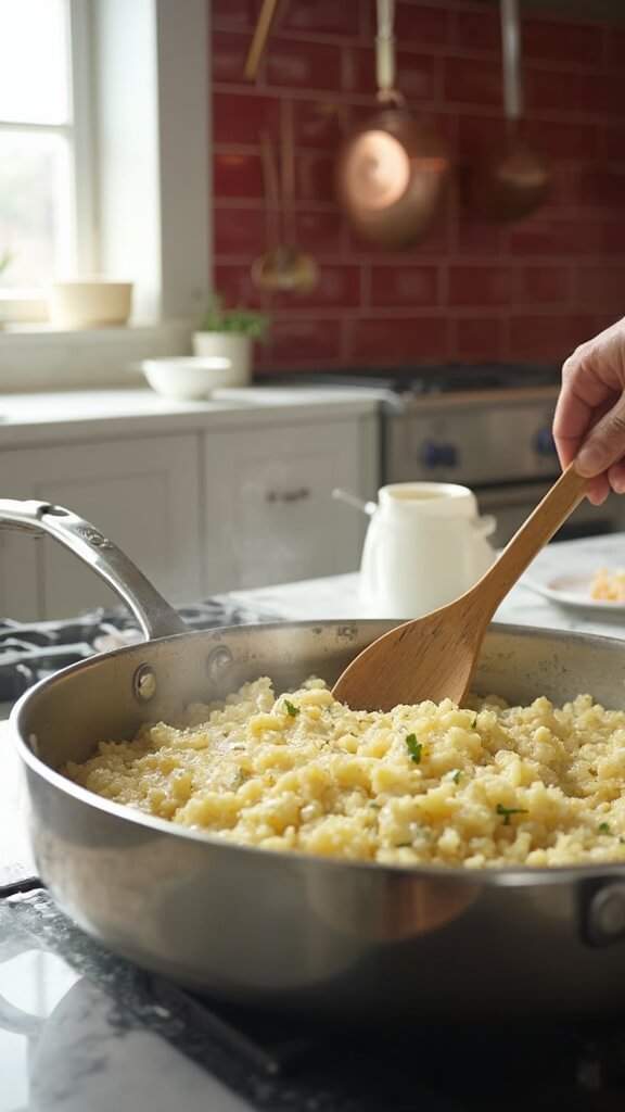 Professional food photo of risotto being cooked in a modern kitchen with warm vegetable broth being ladled in and stirred, steam rising from the creamy mixture, ready Parmesan and cream waiting for the final stage