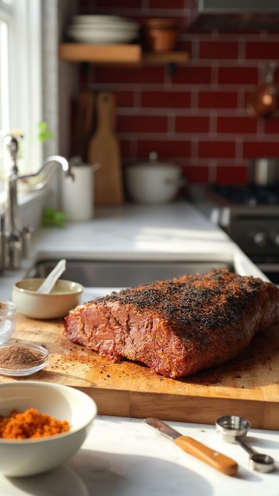 Seasoned brisket with dark spice rub on a wooden cutting board in a modern kitchen with red subway tiles and warm lighting