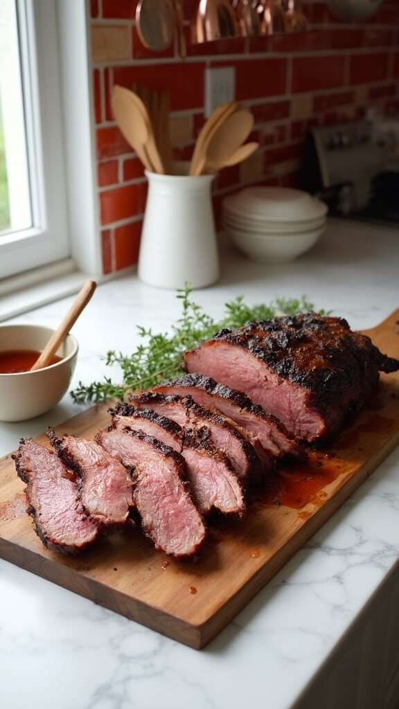 Sliced brisket on rustic wooden board with sugar-free BBQ sauce in modern kitchen
