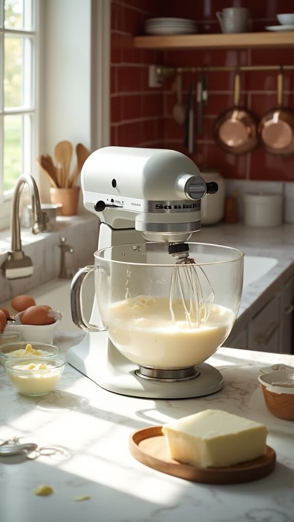 Cheesecake filling being mixed in a modern kitchen with warm, earthy color grading