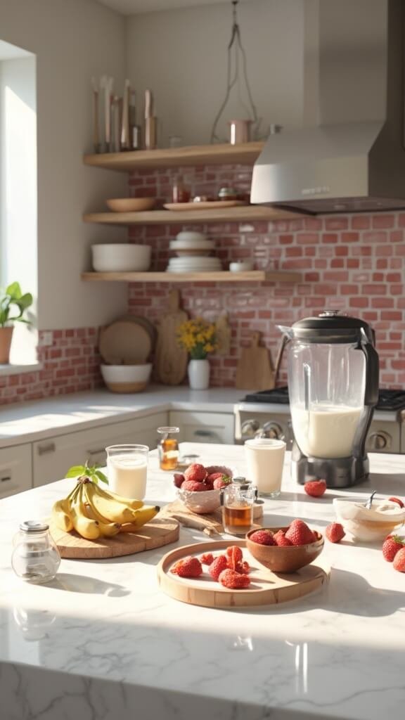 Ingredients for a smoothie including frozen strawberries, banana, almond milk, yogurt, honey, and vanilla extract on a modern kitchen counter