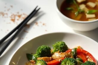 "Asian keto chicken stir-fry with broccoli, bell peppers, and bok choy served with miso soup featuring tofu and wakame seaweed, shot in a professional food photography style."