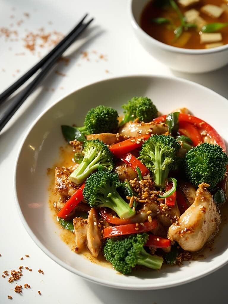 "Asian keto chicken stir-fry with broccoli, bell peppers, and bok choy served with miso soup featuring tofu and wakame seaweed, shot in a professional food photography style."