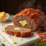 "Sliced bacon-wrapped keto meatloaf with melted cheese on a marble cutting board, surrounded by ingredients like raw bacon, cheese, and fresh herbs."