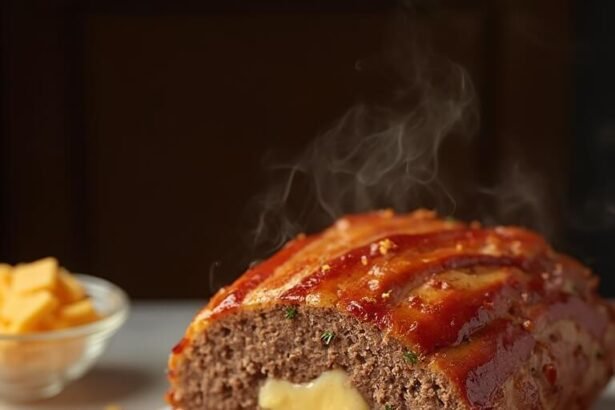 "Sliced bacon-wrapped keto meatloaf with melted cheese on a marble cutting board, surrounded by ingredients like raw bacon, cheese, and fresh herbs."