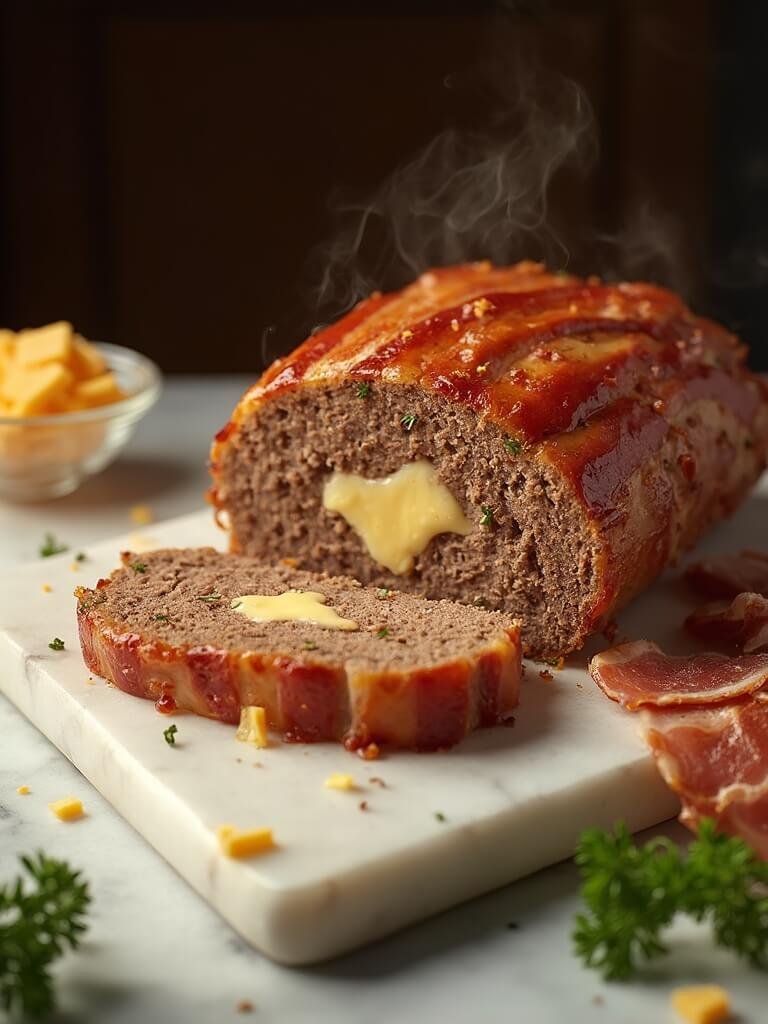 "Sliced bacon-wrapped keto meatloaf with melted cheese on a marble cutting board, surrounded by ingredients like raw bacon, cheese, and fresh herbs."