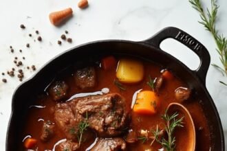 "Overhead shot of a rustic beef stew with chuck roast, turnips, parsnips, and herbs in a Dutch oven, garnished with sprigs of thyme and rosemary, on a white marble countertop with scattered herbs and crackled black pepper."