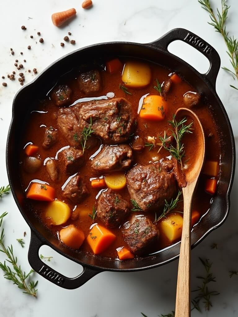 "Overhead shot of a rustic beef stew with chuck roast, turnips, parsnips, and herbs in a Dutch oven, garnished with sprigs of thyme and rosemary, on a white marble countertop with scattered herbs and crackled black pepper."