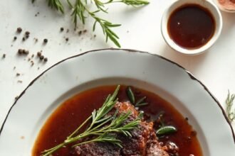 "Braised short ribs on white ceramic plate with rosemary, thyme, wine braising liquid, wooden spoon, and cracked black pepper"