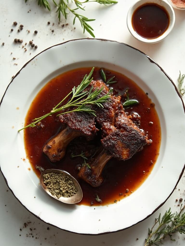 "Braised short ribs on white ceramic plate with rosemary, thyme, wine braising liquid, wooden spoon, and cracked black pepper"