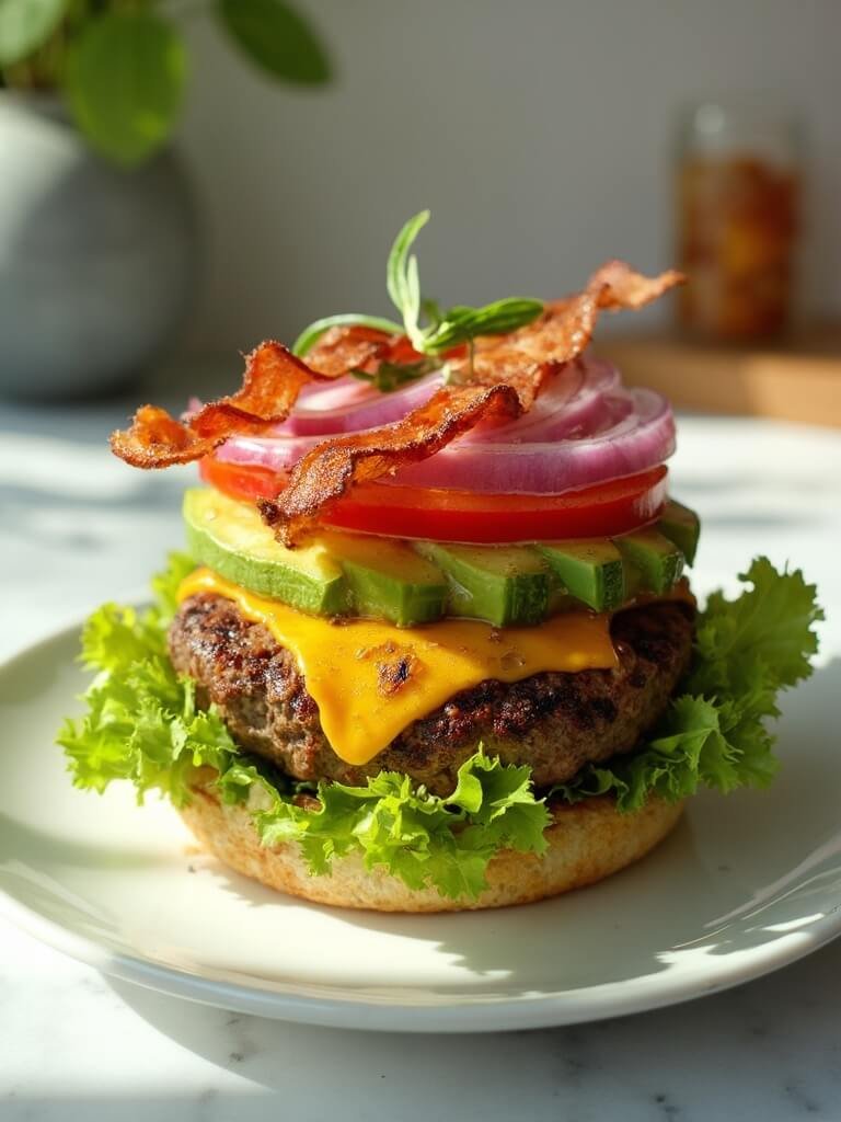 "Overhead shot of a bunless burger with beef patty, melted cheddar, avocado, tomato, and bacon nestled between lettuce and a grilled portobello mushroom cap on a clean marble countertop"
