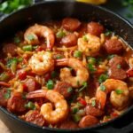 "Spicy Cajun keto jambalaya with shrimp, sausage and cauliflower rice served in a cast iron Dutch oven"
