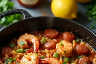 "Spicy Cajun keto jambalaya with shrimp, sausage and cauliflower rice served in a cast iron Dutch oven"
