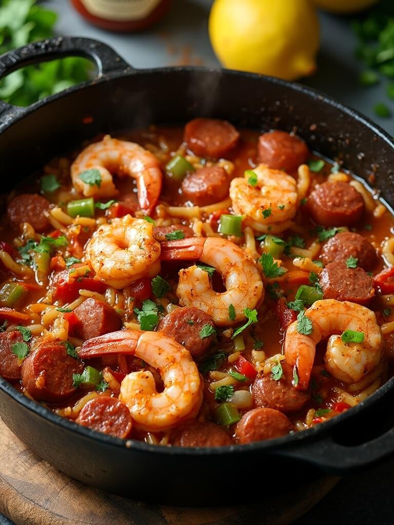 "Spicy Cajun keto jambalaya with shrimp, sausage and cauliflower rice served in a cast iron Dutch oven"