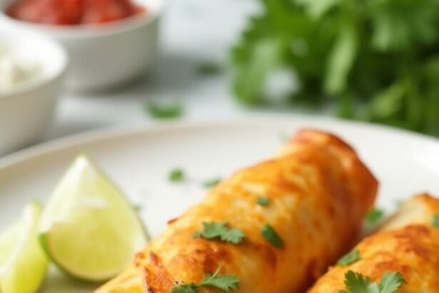 "Golden brown chicken enchilada cheese wraps with crispy provolone, shredded chicken, black beans, and melted Mexican cheese, garnished with cilantro, sour cream, salsa, and jalapeños on a white plate"