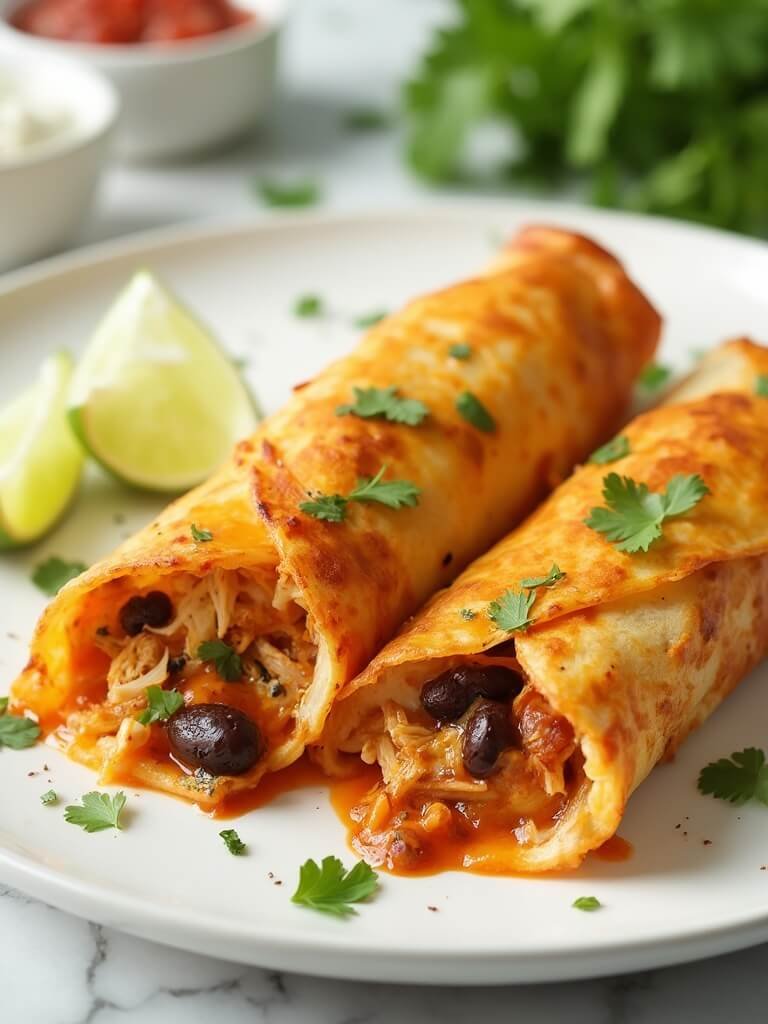 "Golden brown chicken enchilada cheese wraps with crispy provolone, shredded chicken, black beans, and melted Mexican cheese, garnished with cilantro, sour cream, salsa, and jalapeños on a white plate"