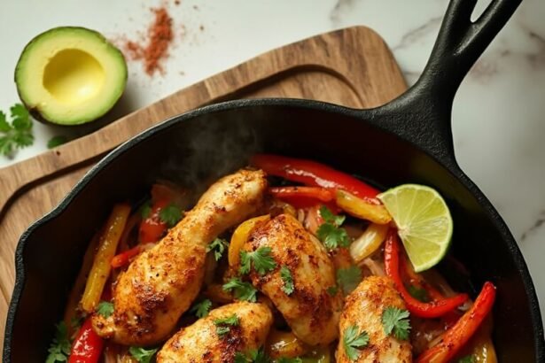 "Sizzling homemade chicken fajitas in a cast iron skillet with bell peppers, onions, and garnishes on a rustic wooden board on marble countertop"
