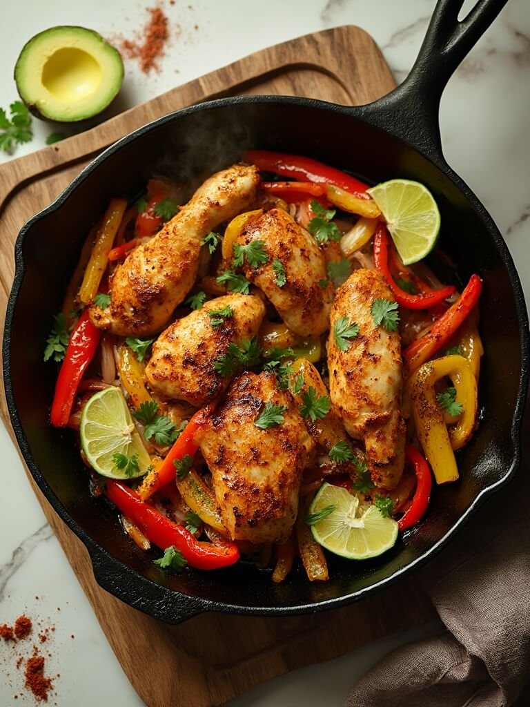 "Sizzling homemade chicken fajitas in a cast iron skillet with bell peppers, onions, and garnishes on a rustic wooden board on marble countertop"