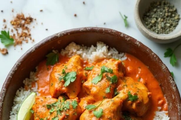 "Overhead view of spicy keto chicken tikka masala with cauliflower rice and fresh cilantro lime garnish, on a clean marble background"