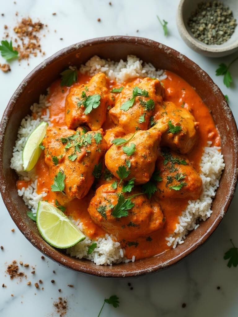 "Overhead view of spicy keto chicken tikka masala with cauliflower rice and fresh cilantro lime garnish, on a clean marble background"