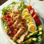 "Overhead view of a classic Cobb salad with grilled chicken, bacon, diced avocado, cherry tomatoes, hard-boiled eggs, blue cheese, and chopped chives on a white plate, accompanied by a drizzle of vinaigrette dressing."