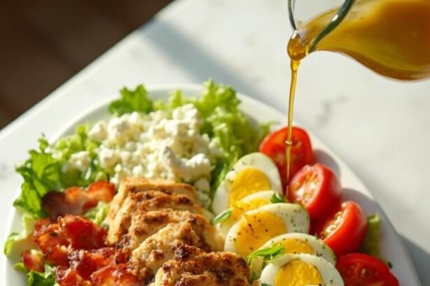 "Overhead view of a classic Cobb salad with grilled chicken, bacon, diced avocado, cherry tomatoes, hard-boiled eggs, blue cheese, and chopped chives on a white plate, accompanied by a drizzle of vinaigrette dressing."